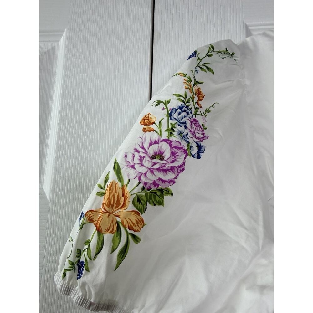 Calypso White Floral V-Neck Puff Sleeve Bordered Mini Dress Size M - Picture 5 of 13